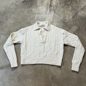 Sunday Best Sweater Womens Sz 2XS Ivory V Neck Collared Merino Wool Cable Knit